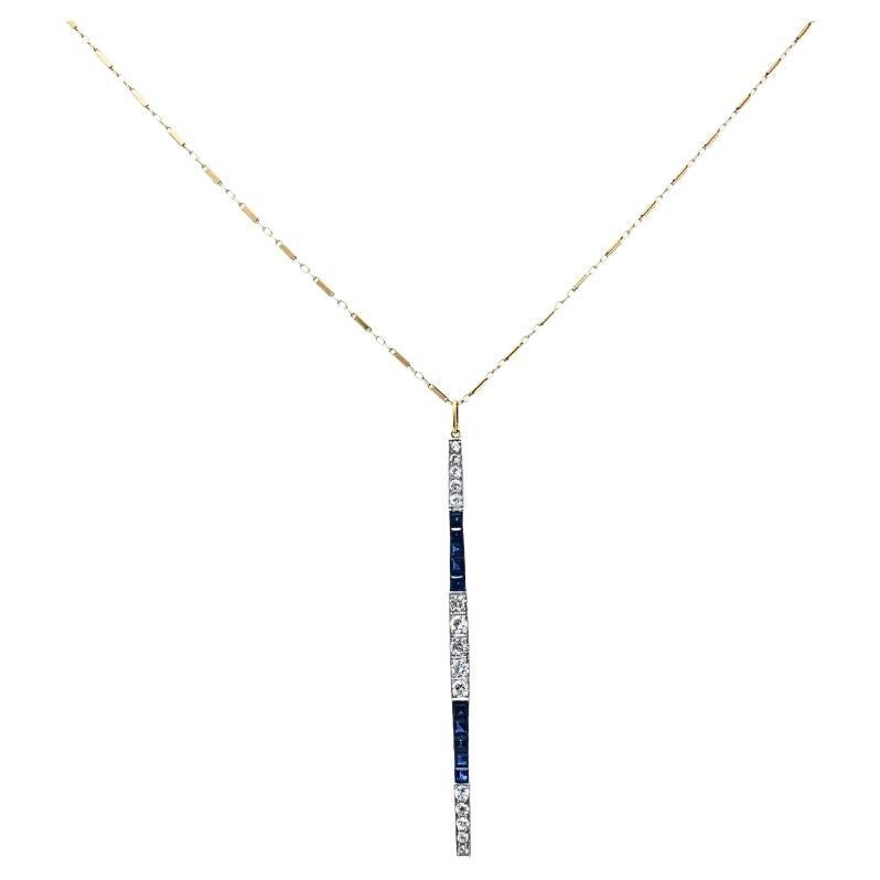 Collana a barre in platino degli anni '20 con zaffiro e diamante e catena in oro 14k in vendita