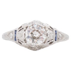 1920s Platinum GIA Old European Brilliant Diamond and Sapphire Engagement Ring