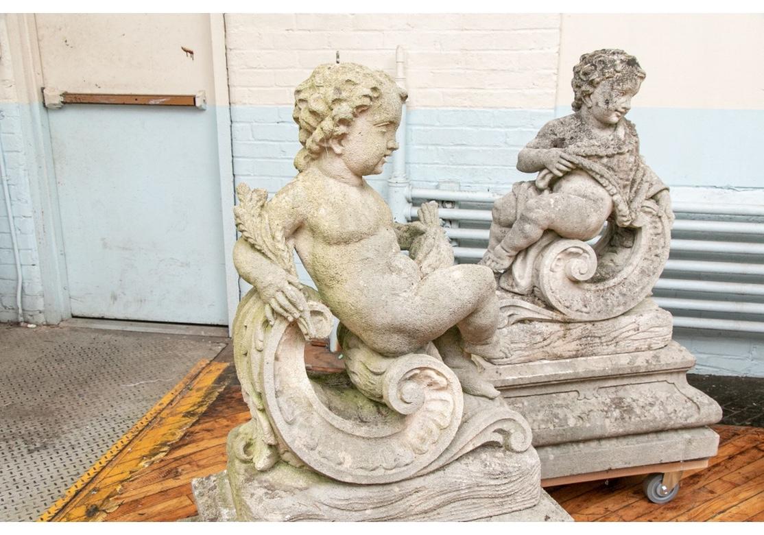 American Classical 1920s Portland Cement Garden Sculptures of Putti Representing the Four Seasons