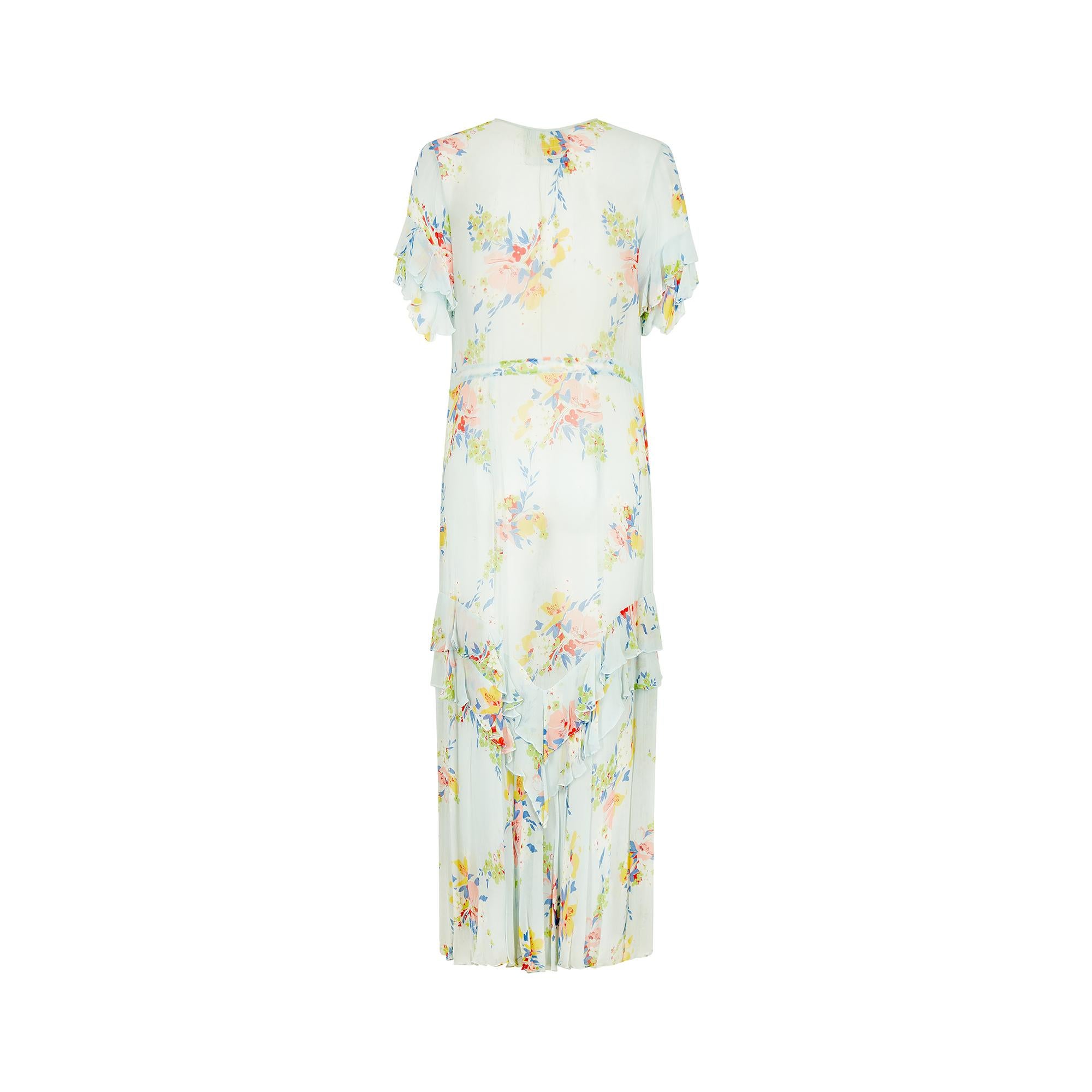 Beige 1920s Powder Blue Floral Georgette Tea Dress For Sale
