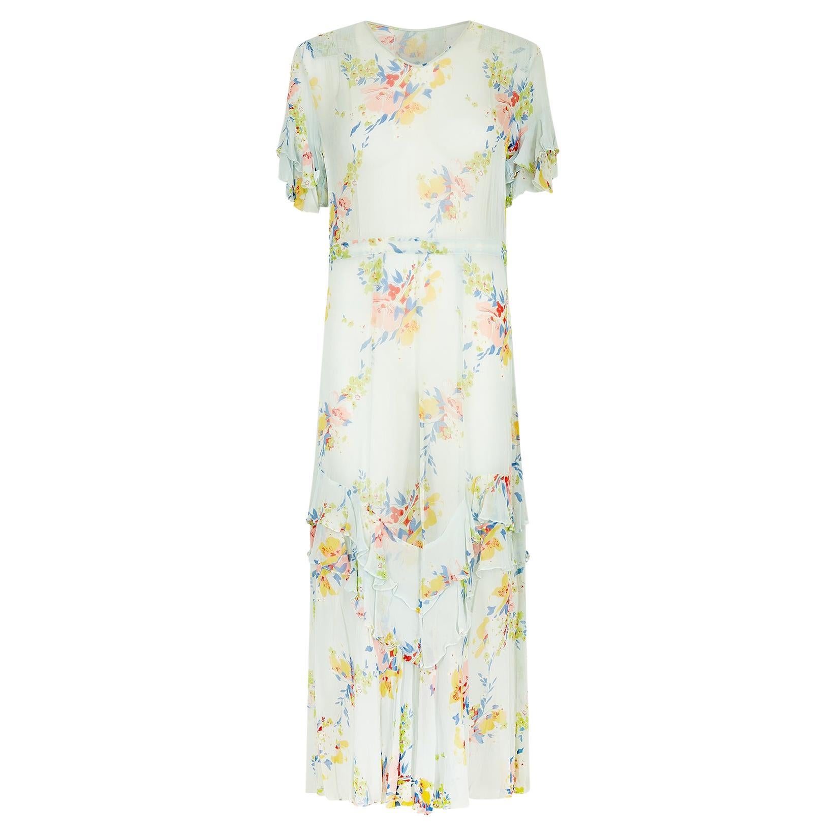 1920s Powder Blue Floral Georgette Tea Dress