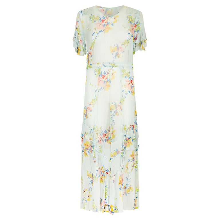 1920s Powder Blue Floral Georgette Tea Dress
