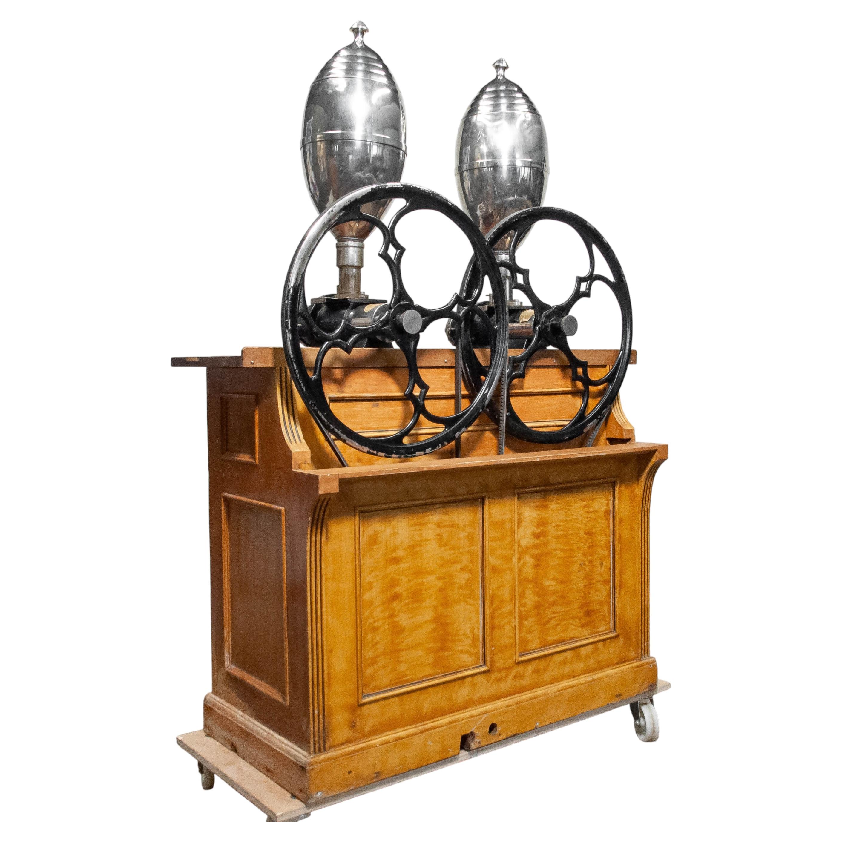 1920s Professional Vintage Barista Coffee Grinder Mill On Original Cabinet.