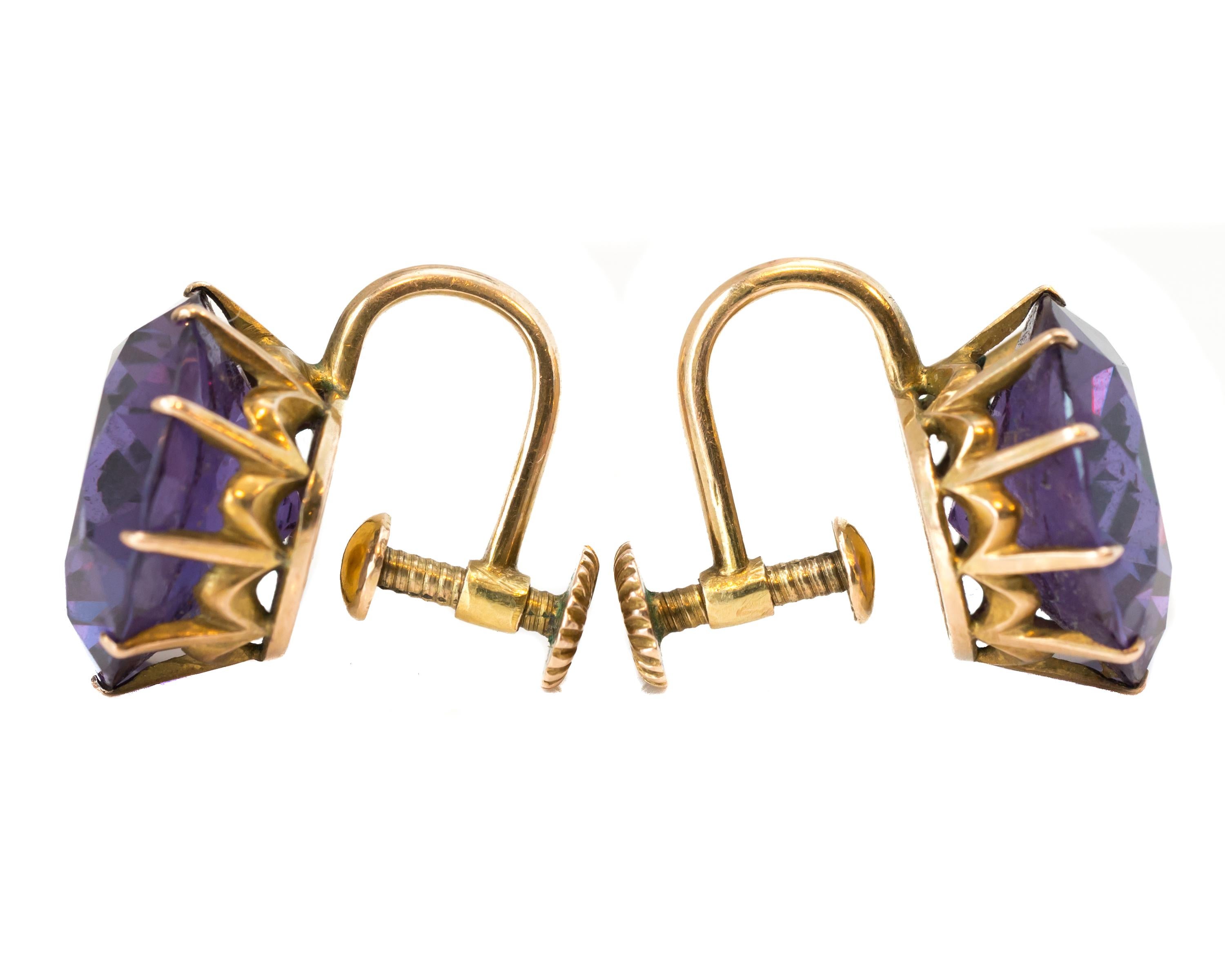 Art Deco 1920s Purple Synthetic Alexandrite Clip on Earrings in 14 Karat Yellow Gold