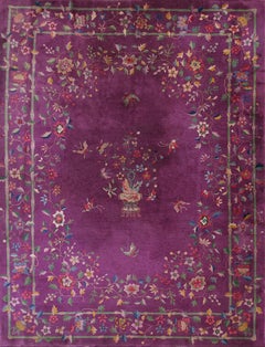 1920s Purple Floral Antique Chinese Art Deco Carpet 9'2"x11'10" Knotted Wool Rug