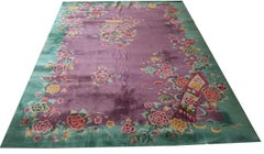1920s Purple Green Floral Antique Chinese Art Deco Rug 9'x11'7" Wool Carpet
