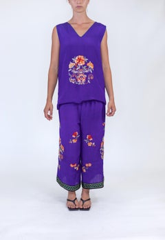 1920S Purple Hand Embroidered Silk 3-Piece Chinese Lounge Pajamas