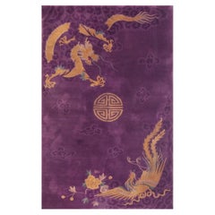 1920s Purple Traditional Dragon Shou Symbols Wool Antique Chinese Art Deco Rug