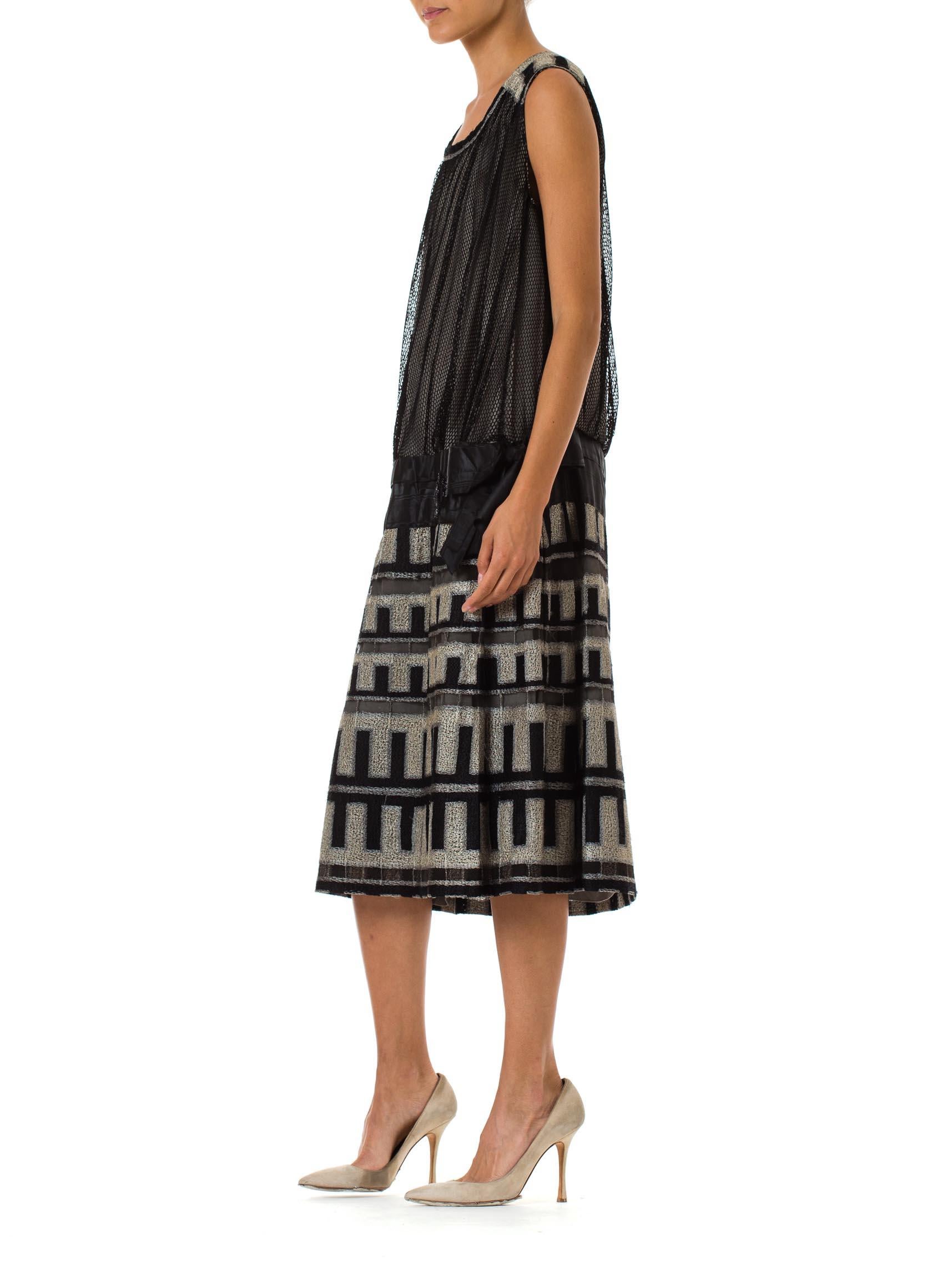 Women's 1920S Black Silk Net Art Deco Embroidered Drop Waist Dress