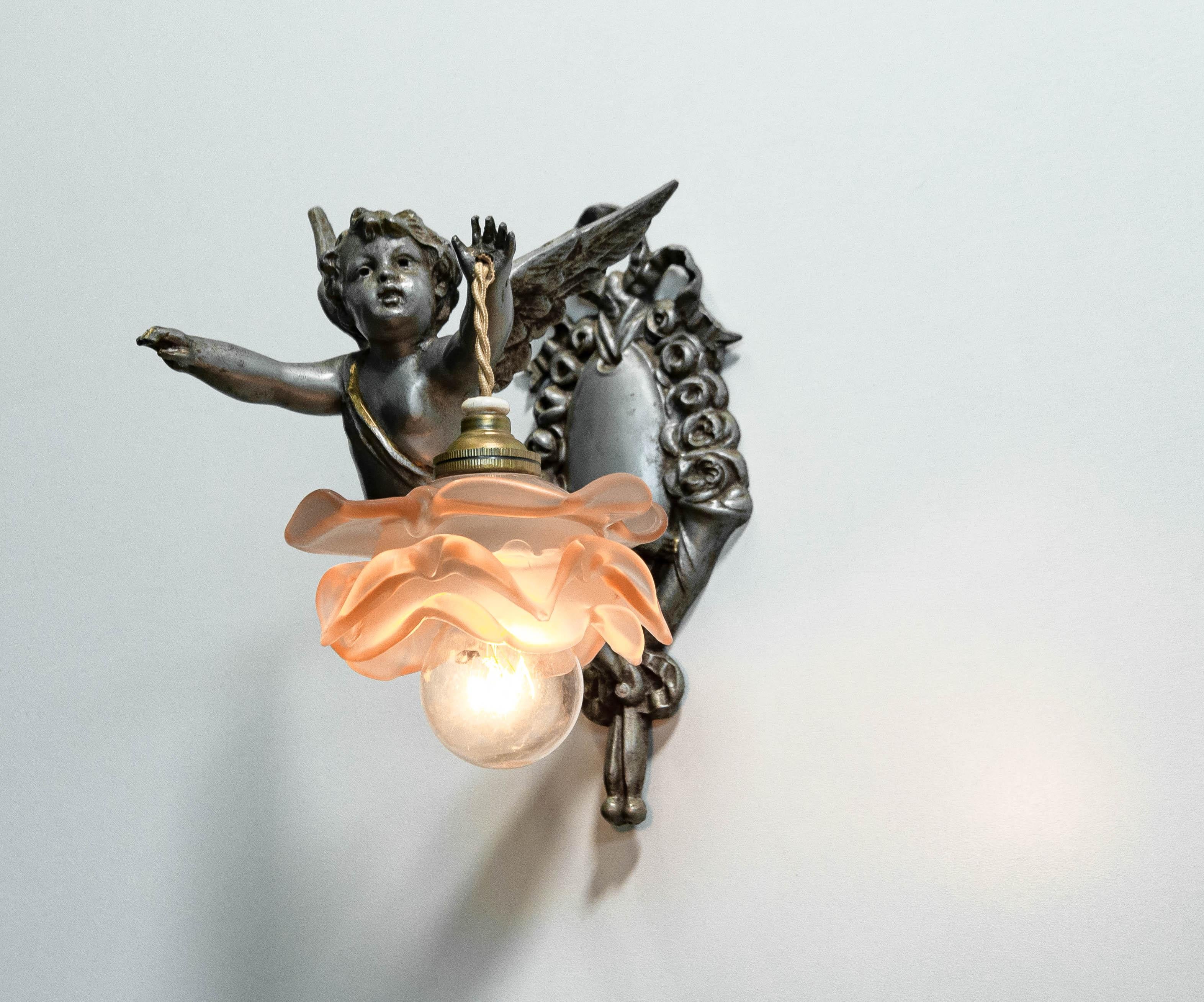 1920s Rare matching pair of French Rococo-style Pewter Wall Lights Sconces For Sale 5