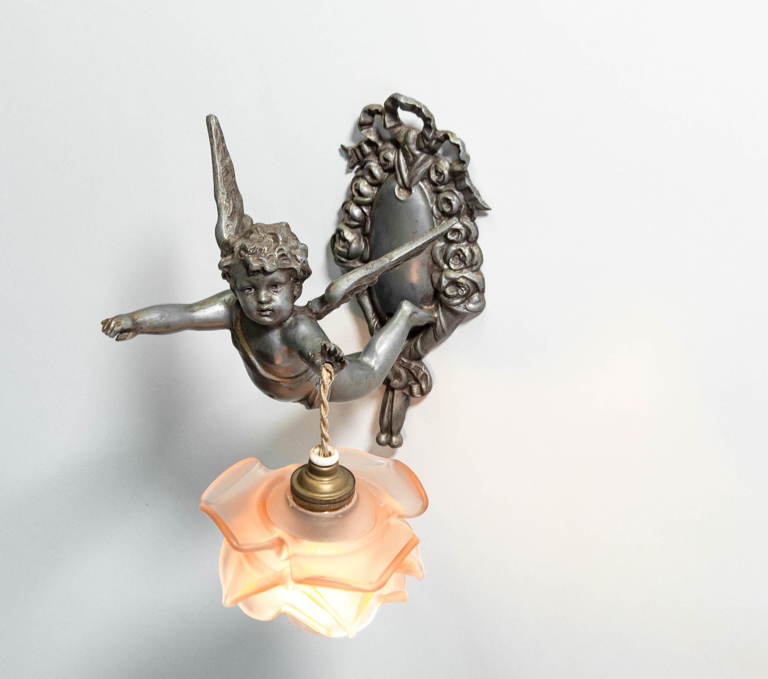 1920s Rare matching pair of French Rococo-style Pewter Wall Lights Sconces For Sale 6