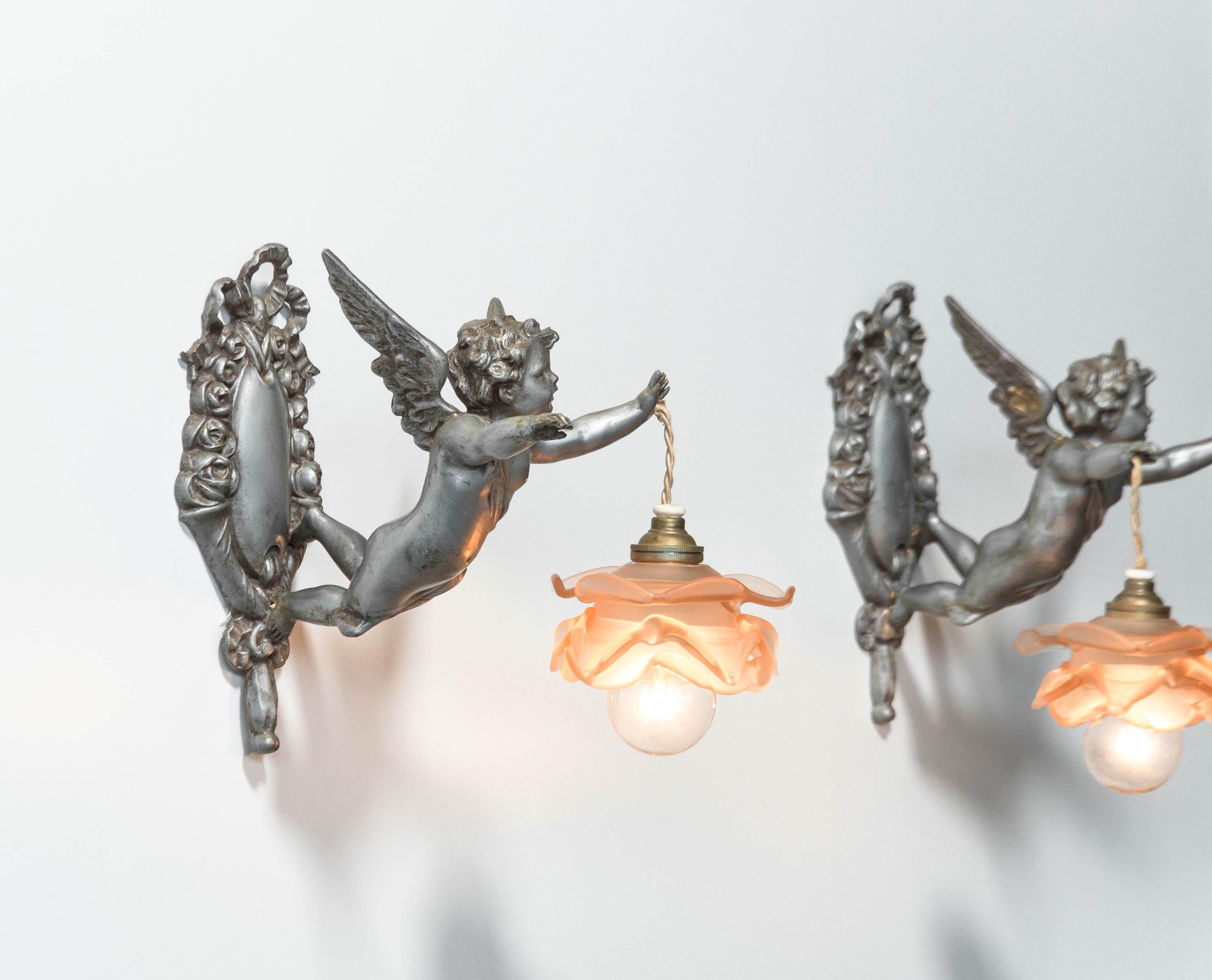 Art Glass 1920s Rare matching pair of French Rococo-style Pewter Wall Lights Sconces For Sale