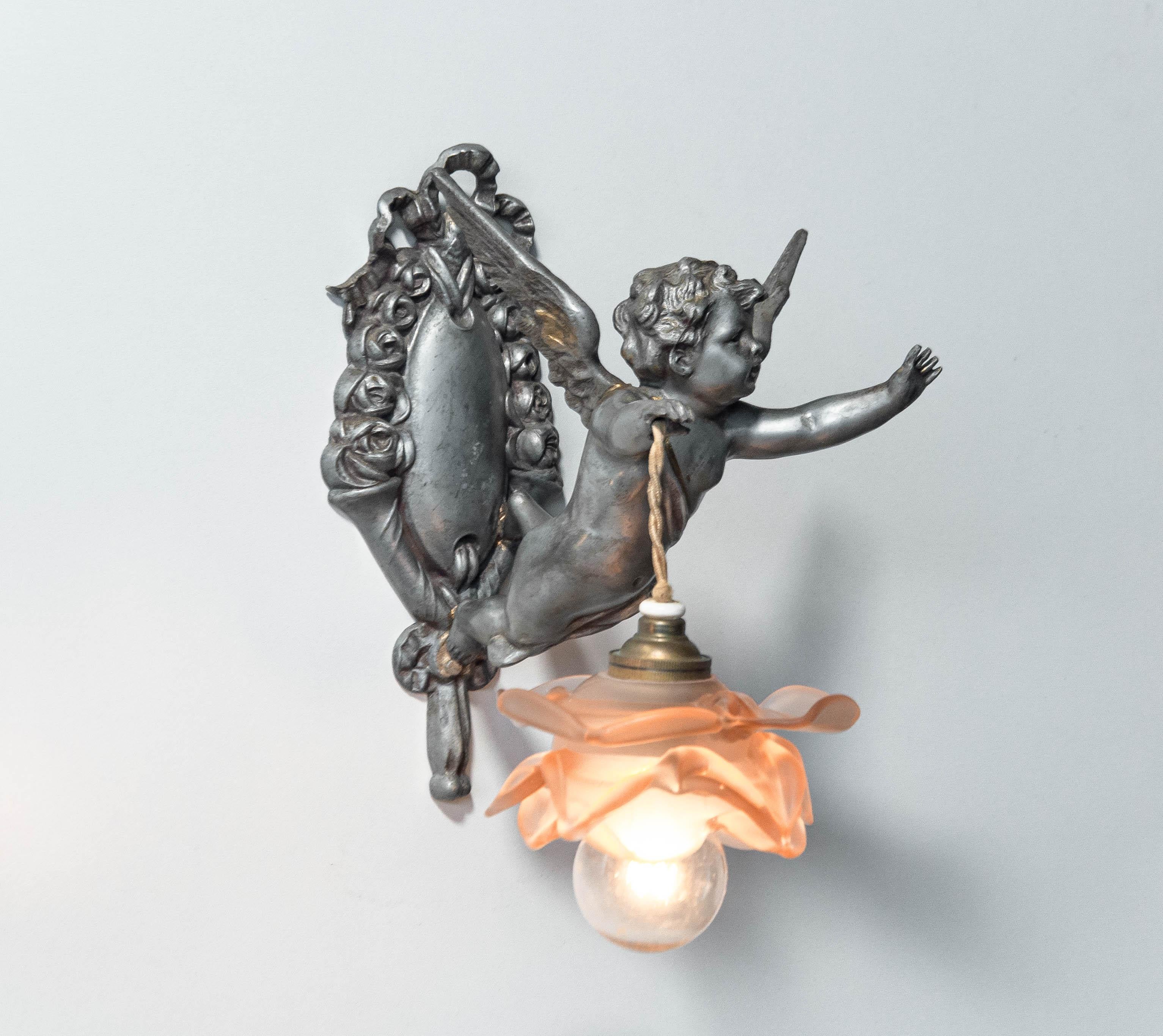 1920s Rare matching pair of French Rococo-style Pewter Wall Lights Sconces For Sale 1