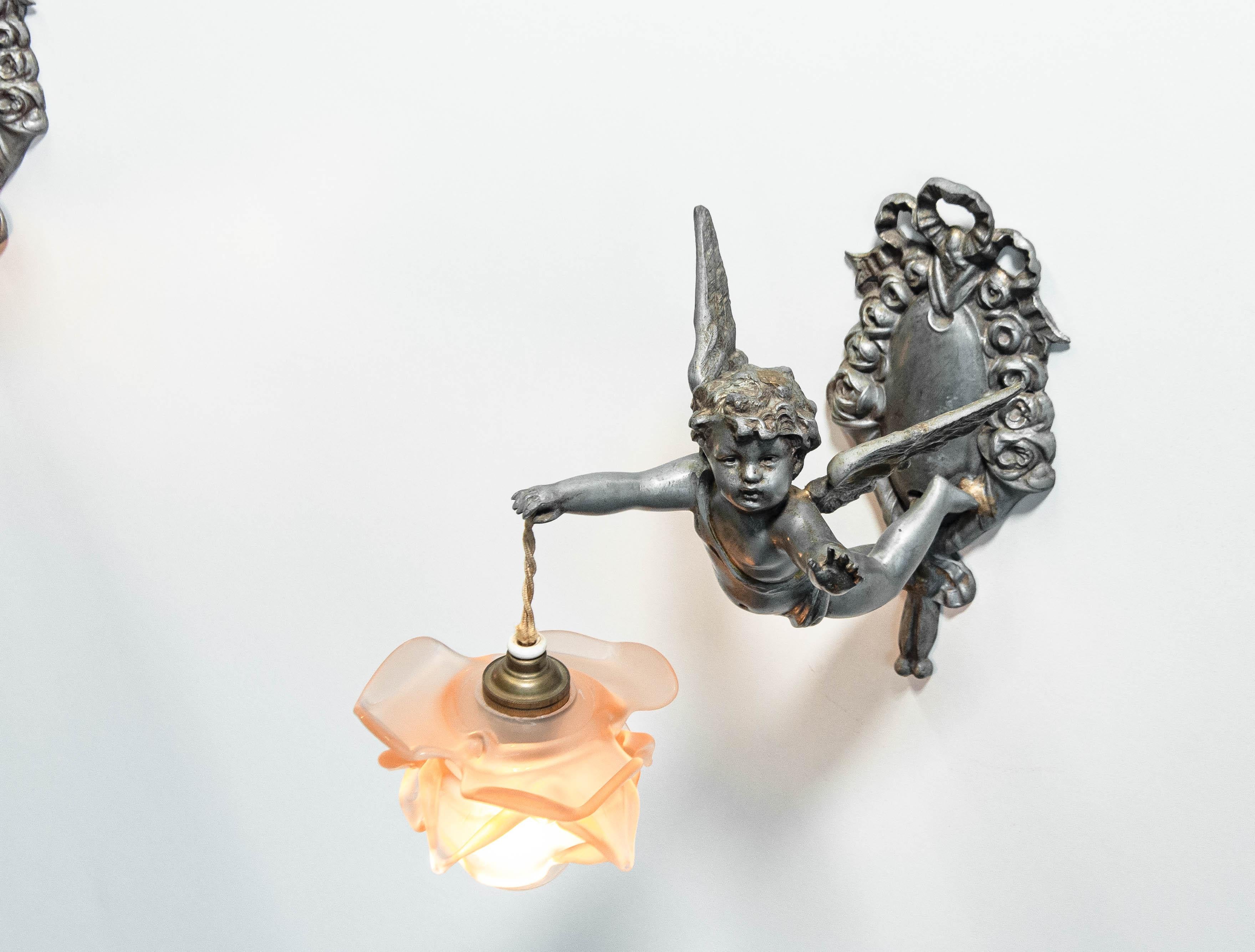 1920s Rare matching pair of French Rococo-style Pewter Wall Lights Sconces For Sale 4