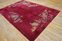 1920s Raspberry Red Floral Antique Chinese Art Deco Rug 5'10'' x 8'6'' Carpet