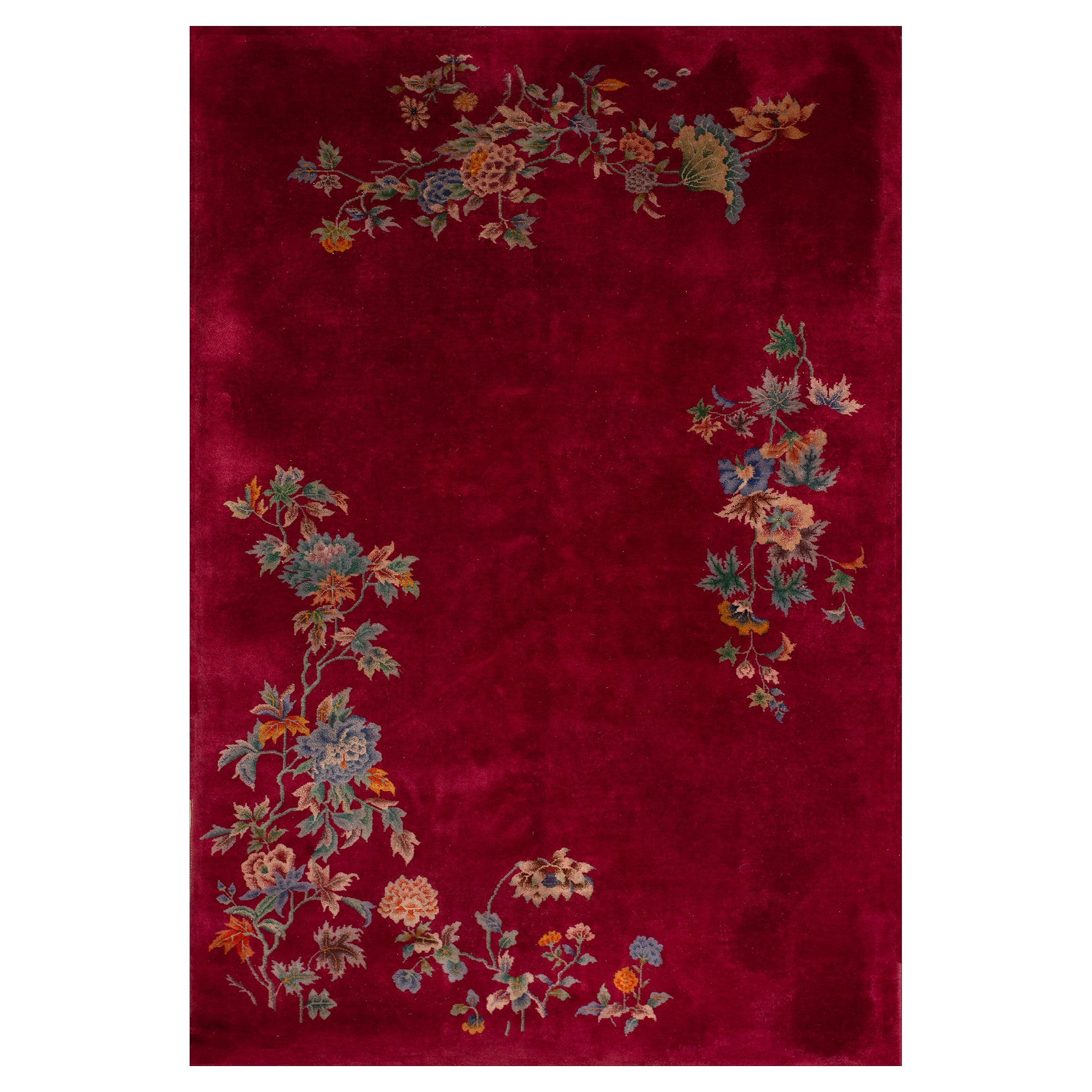 1920s Raspberry Red Floral Antique Chinese Art Deco Rug 5
10

 x 8
6

 Carpet