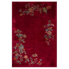 1920s Raspberry Red Floral Antique Chinese Art Deco Rug 5
10

 x 8
6

 Carpet