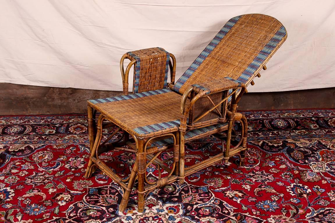 20th Century 1920s Rattan and Wicker Lounge Chair with Ottoman
