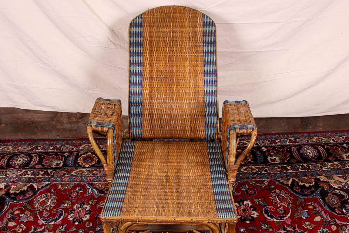 1920s Rattan and Wicker Lounge Chair with Ottoman 1