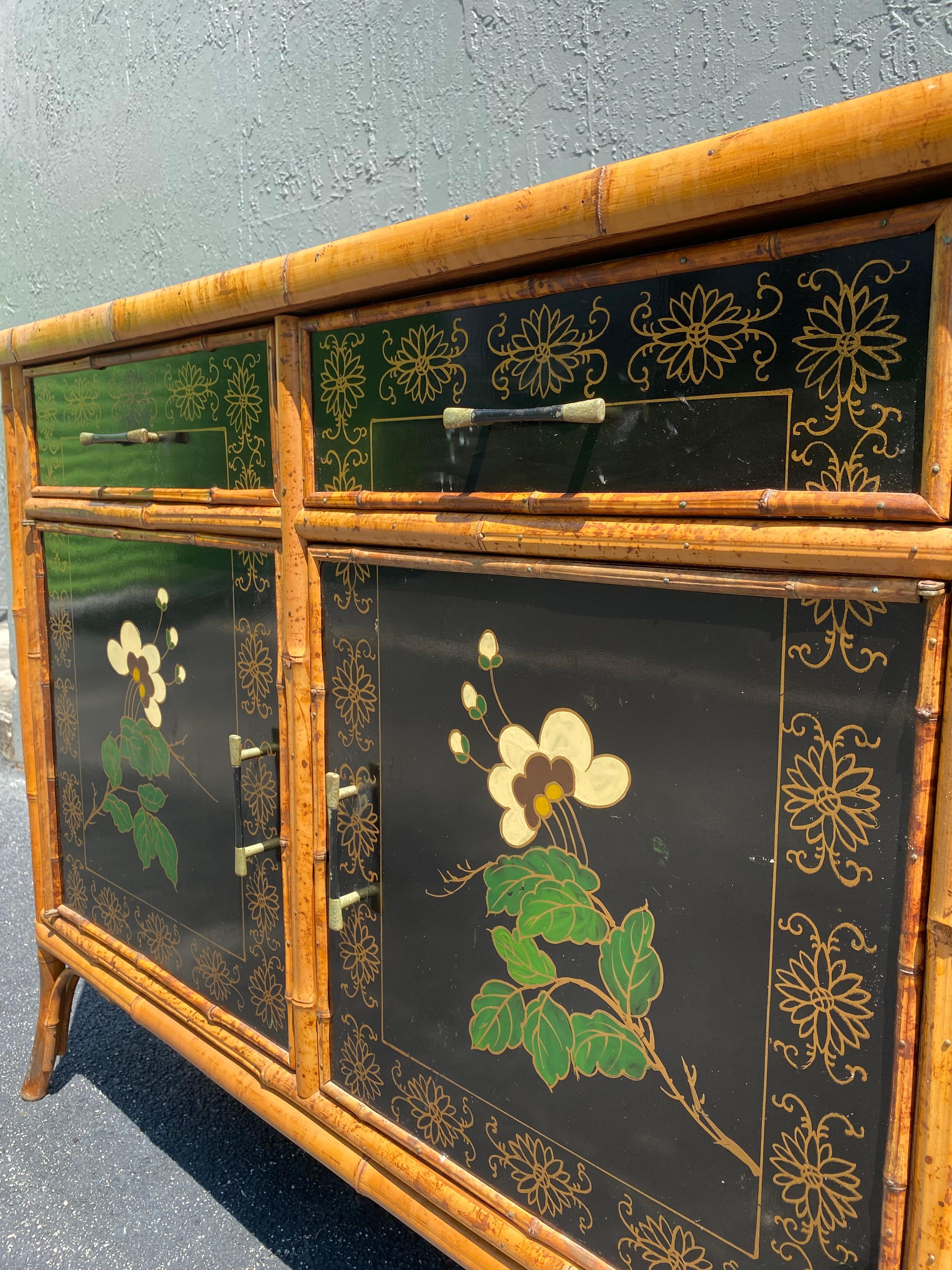 1920s Rattan Chinoiserie Hand Painted Cabinet Mini Sideboard 3