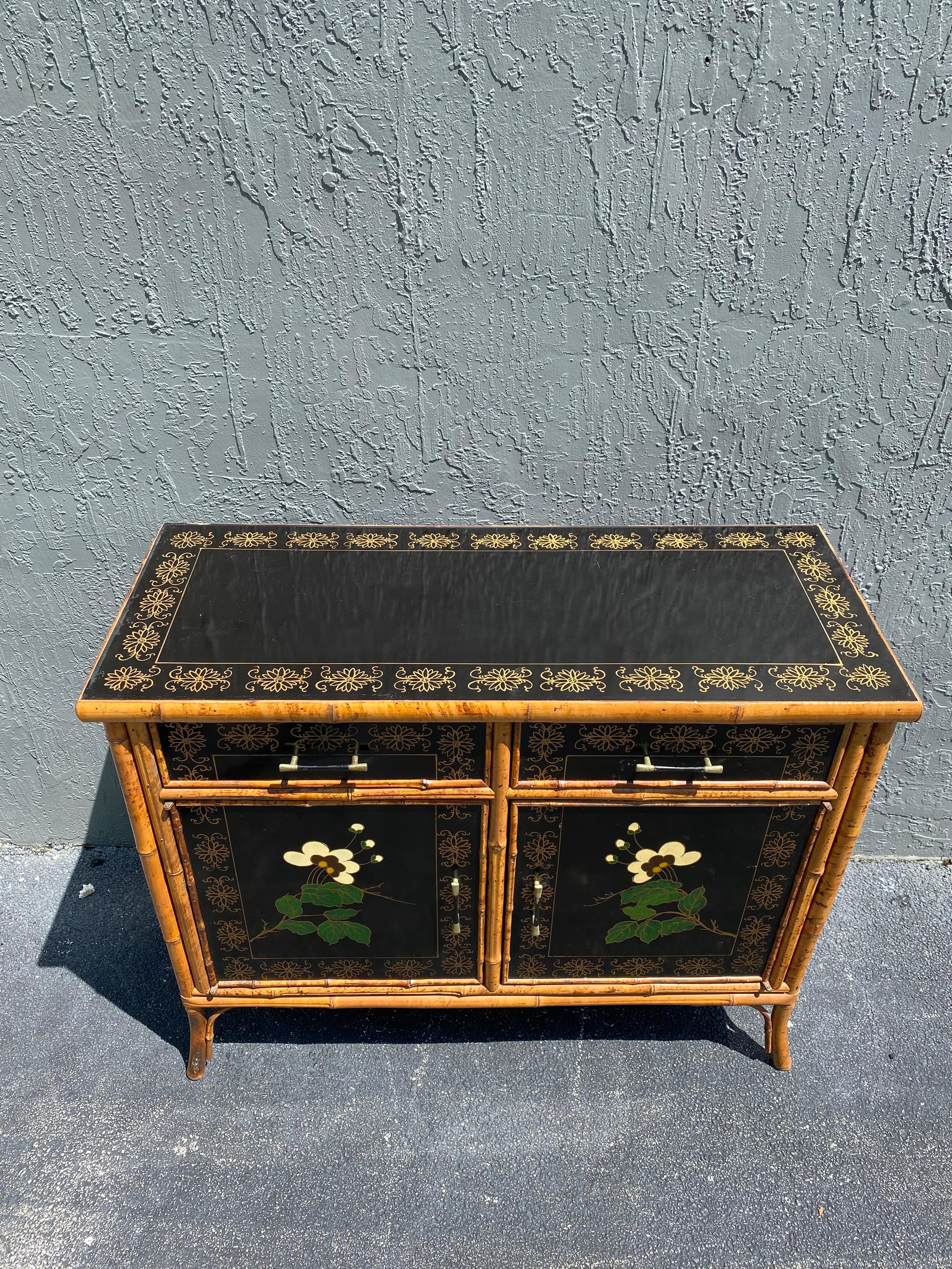 20th Century 1920s Rattan Chinoiserie Hand Painted Cabinet Mini Sideboard