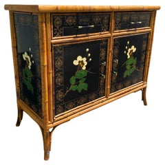 Antique 1920s Rattan Chinoiserie Hand Painted Cabinet Mini Sideboard