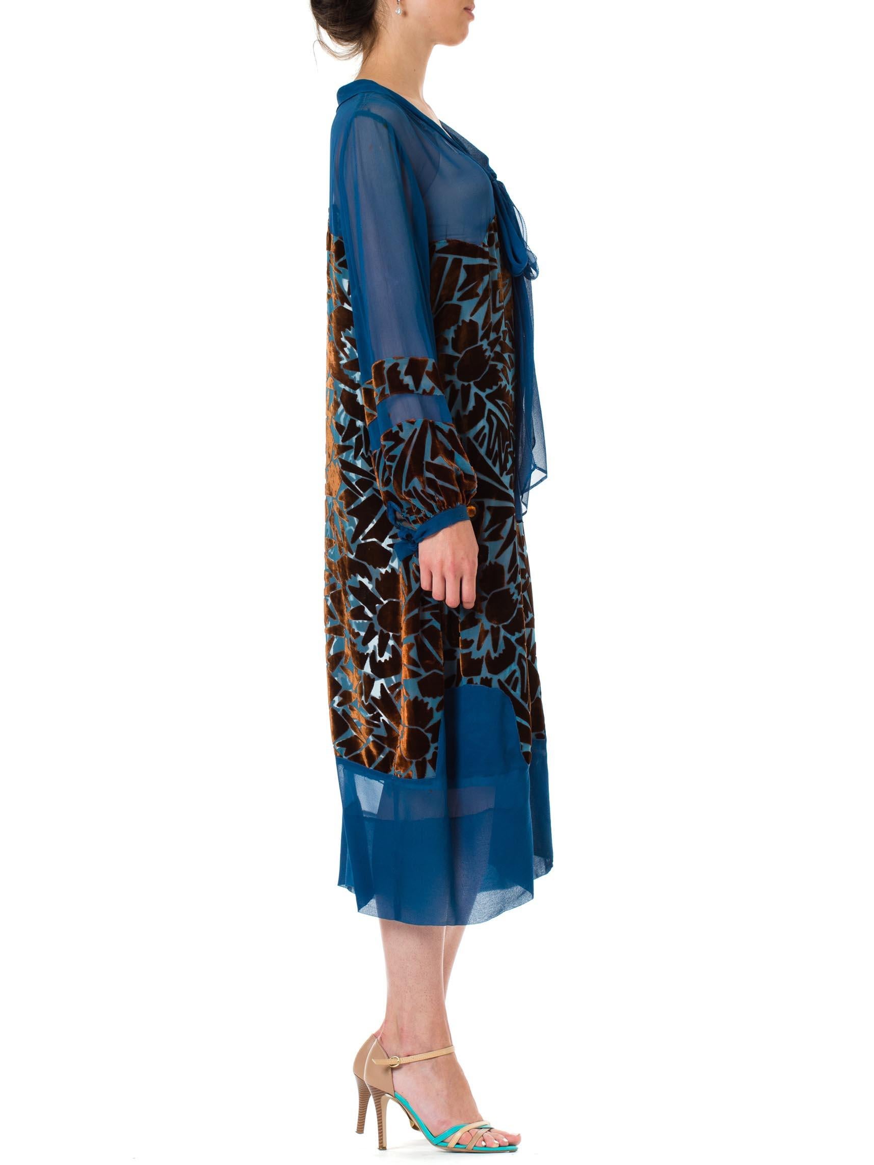 1920S RAUOL DUFY Style Blue & Brown Silk Velvet  Burnout Bow Neck Dress With Bejeweled Metal Ornaments