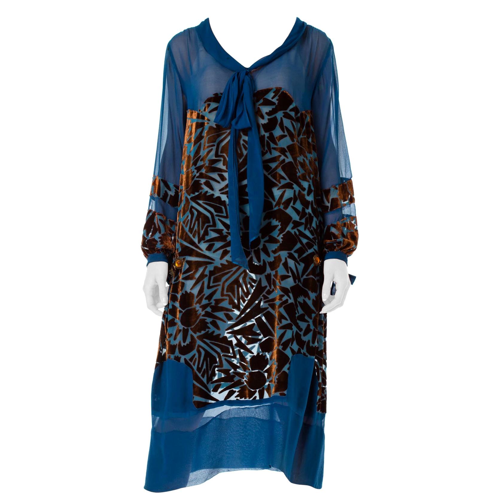 1920S RAUOL DUFY Style Blue & Brown Silk Velvet  Burnout Bow Neck Dress With Be For Sale