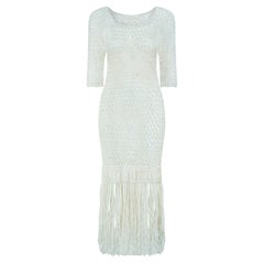 1920s Rayon Cream Crochet Maxi-Dress with Fringe Hem