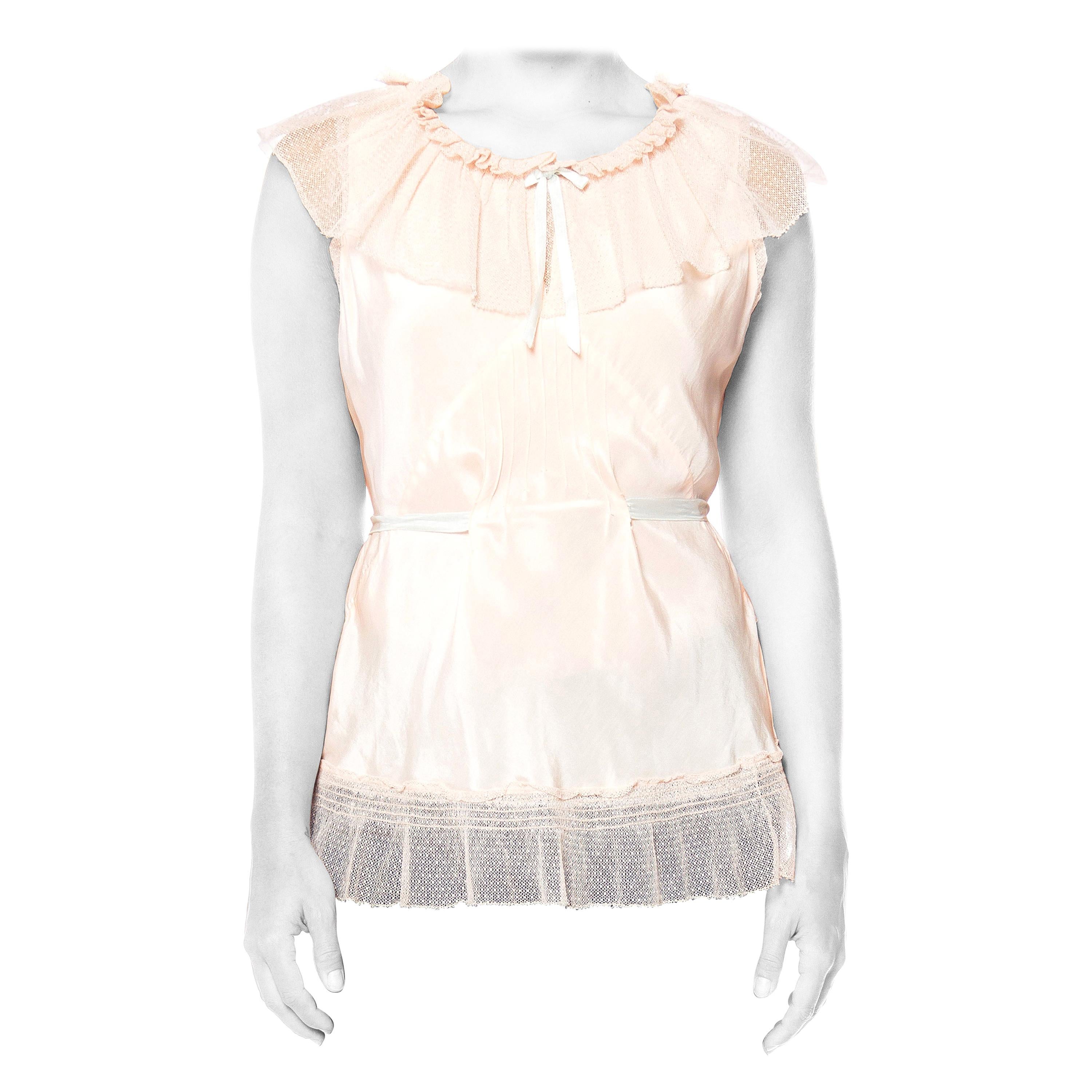 1930S Baby Pink Bias Cut Silk Lingerie Top  With Net Ruffles & Satin Bows
