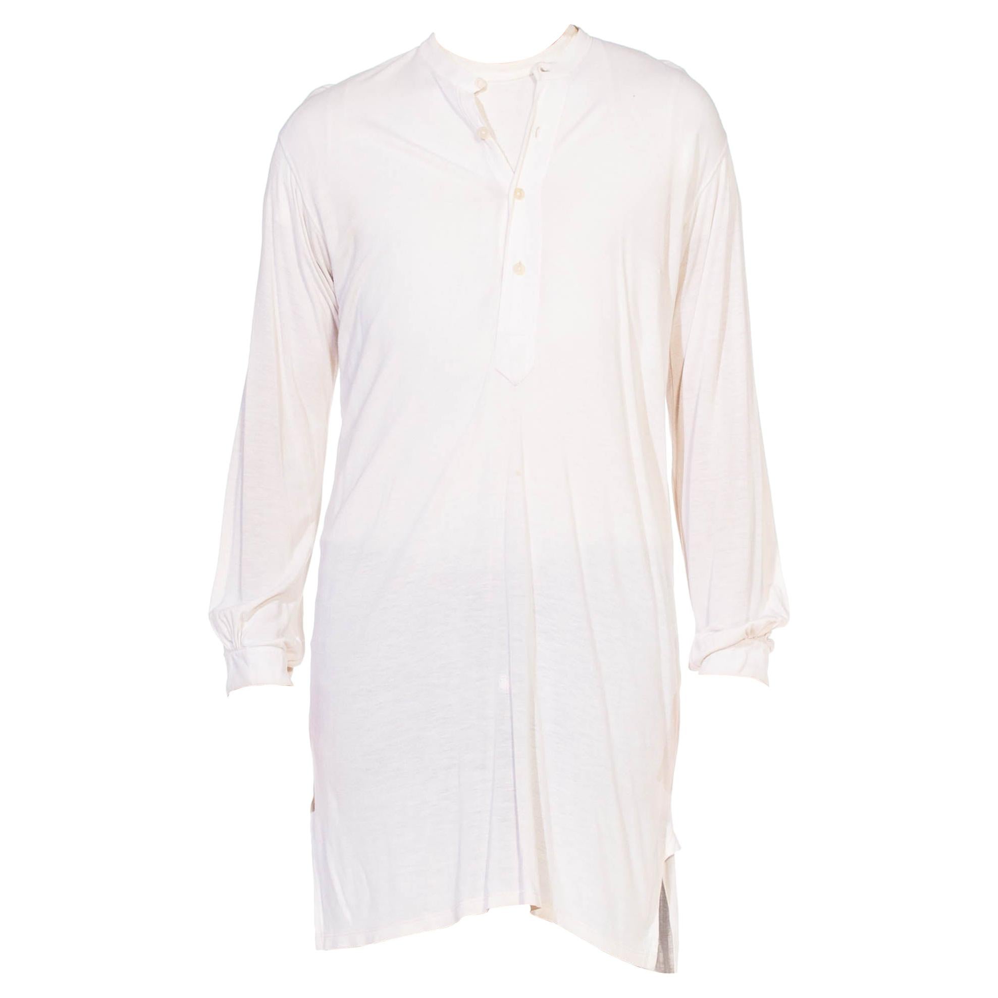 1920S RECENIA White Cotton Blend Jersey Men's Collarless Under Shirt For Sale