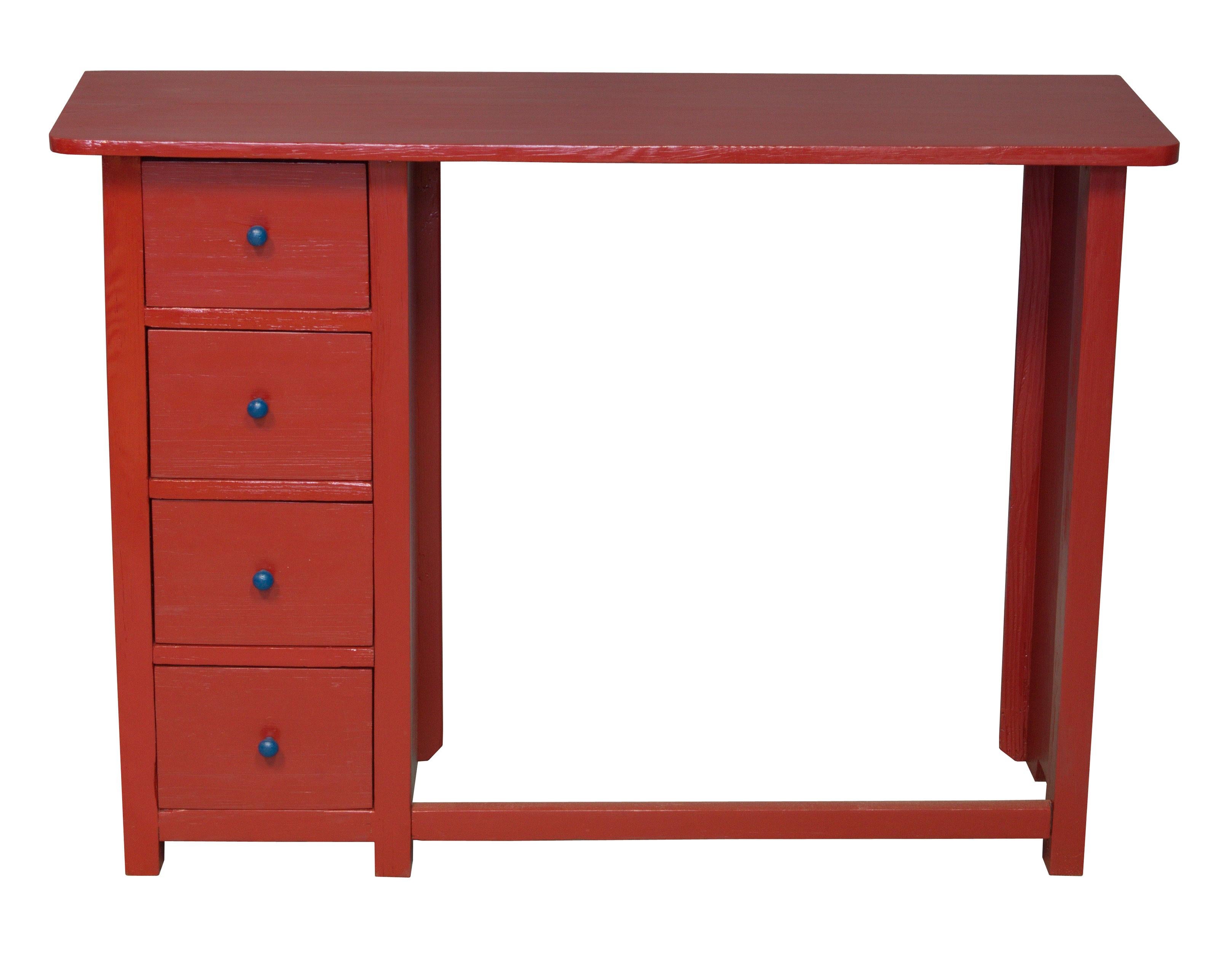 This is a recently restored wooden desk believed to be designed in the 1920’s, with the red and blue colours being the original combination of this piece. The main colour of the table is bright red with a vivid blue draw handles, which creates an