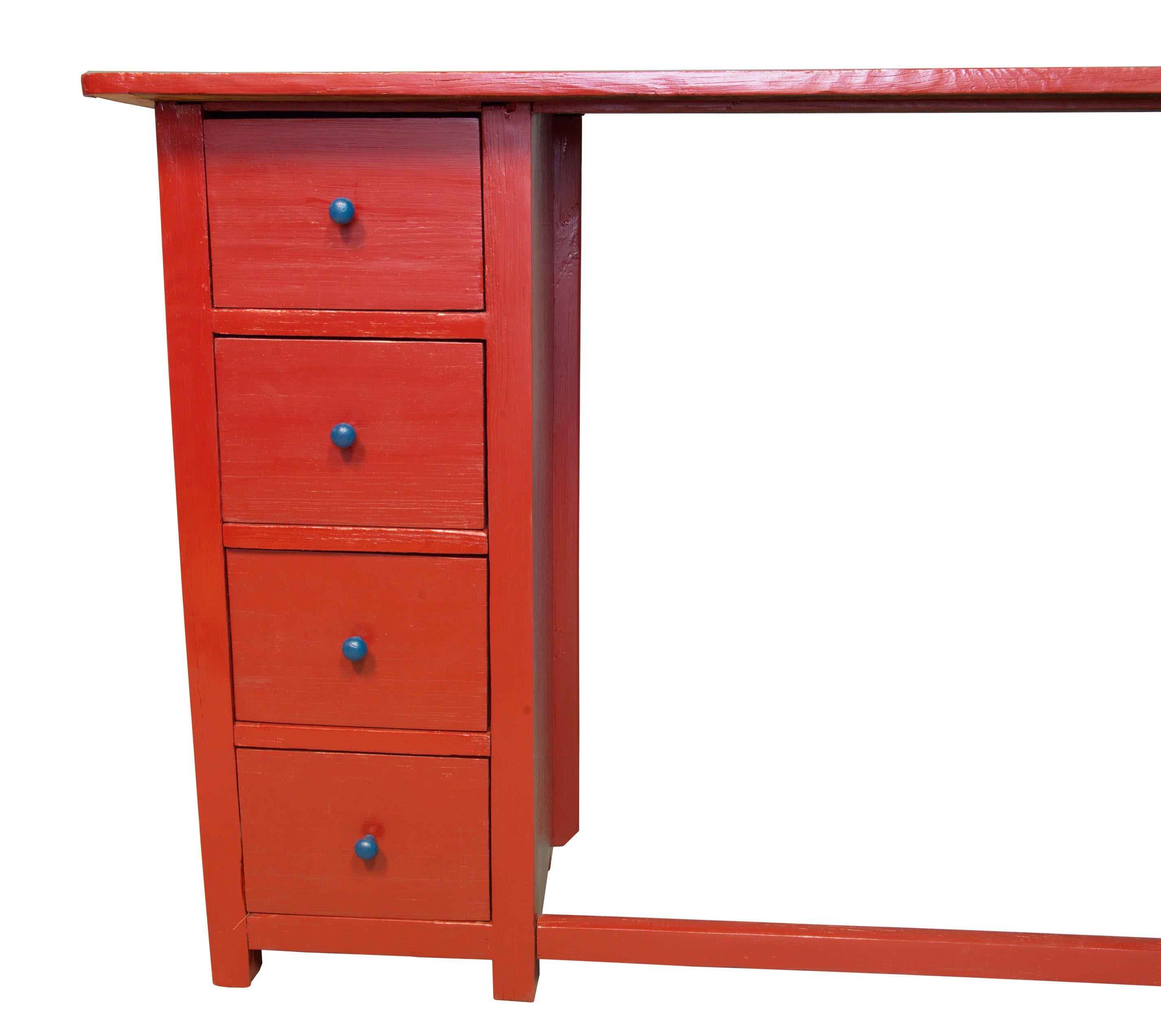 Painted 1920's Red and Blue Wooden Desk For Sale