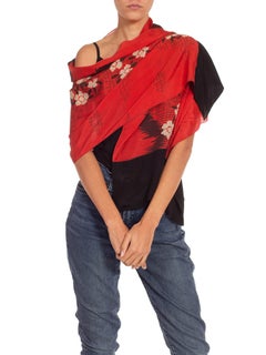 1920S Red & Black Silk Cherry Blossom Printed Scarf