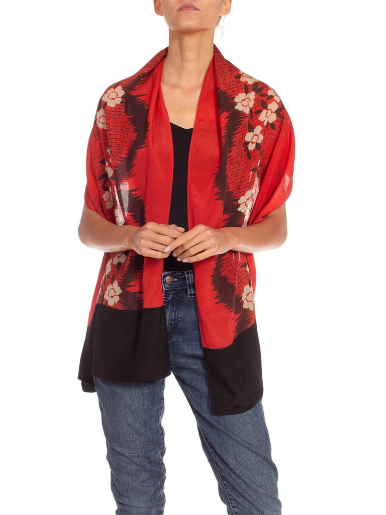 1920S Red and Black Silk Cherry Blossom Printed Scarf For Sale at