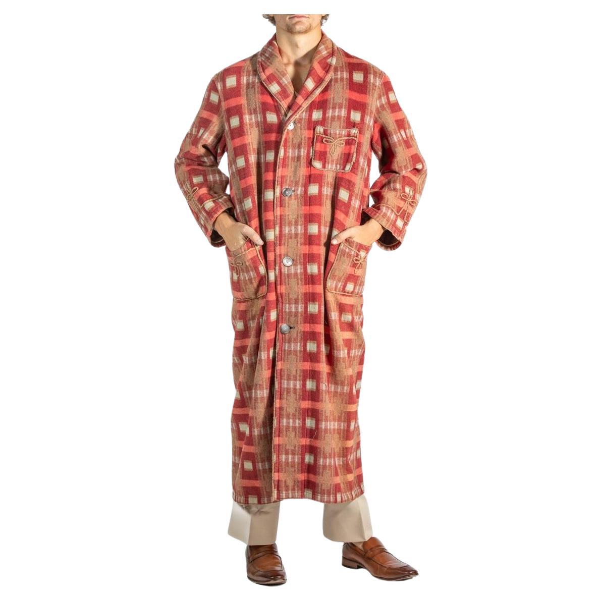 1920S Red & Brown Plaid Wool/Cotton Mens Robe For Sale