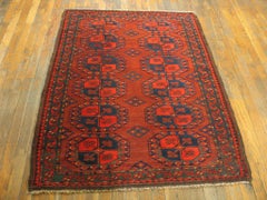 1920s Red Color with Tribal Guls Antique Persian Baluch Rug 3'6" x 4'6" Carpet