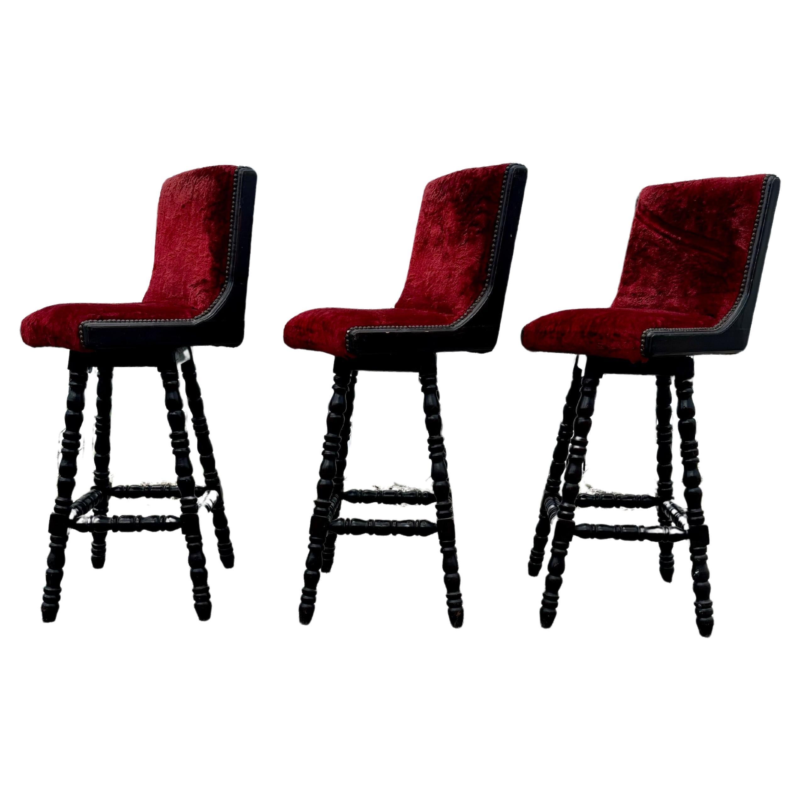 1920s Red English Renaissance Nailhead Swivel Stools Chair, Set of 3
