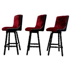 1920s Red English Renaissance Nailhead Swivel Stools Chair, Set of 3