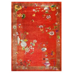 1920s Red Field Modern Floral Antique Chinese Knotted Wool Art Deco Carpet Rug