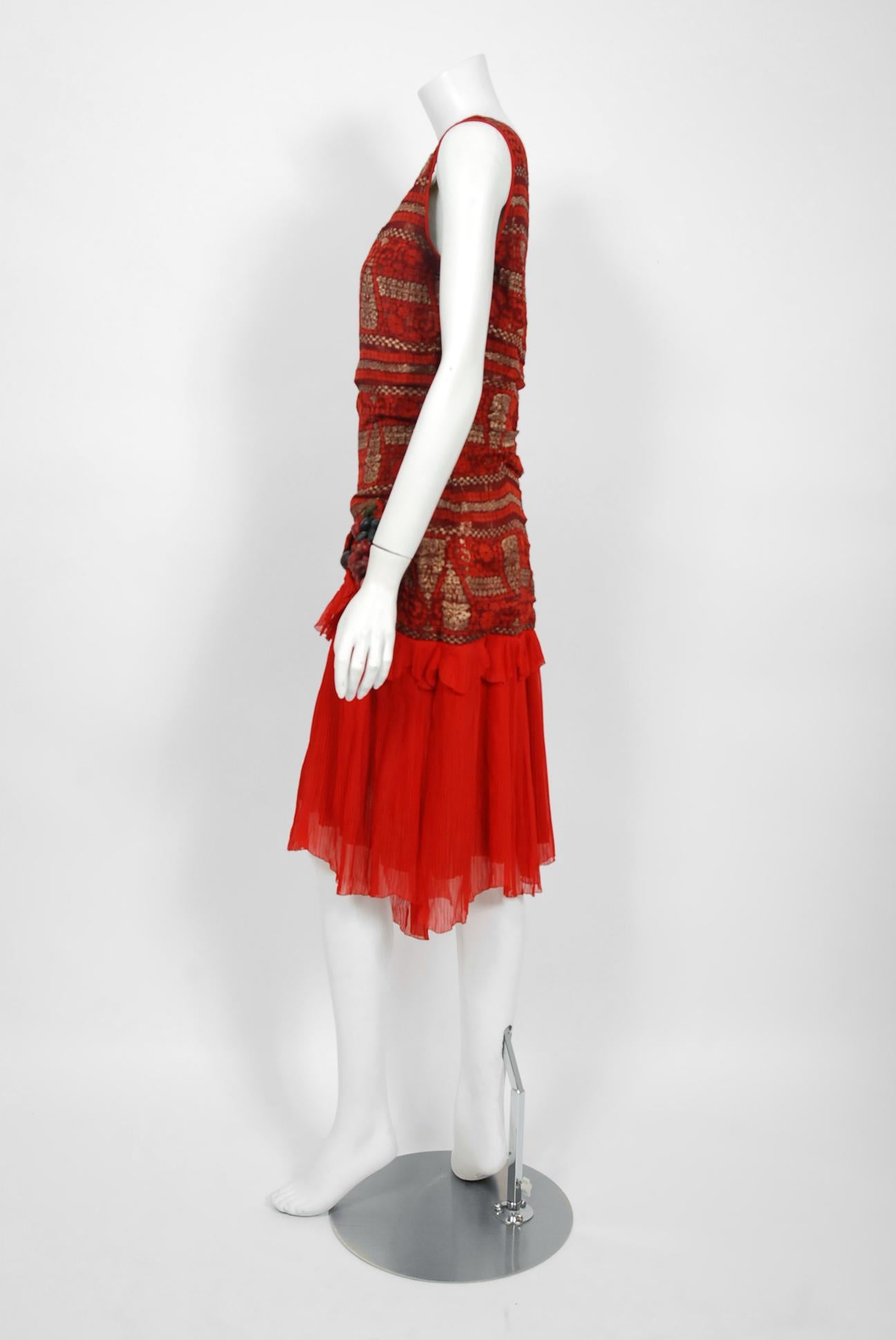Women's Vintage 1920's Red & Metallic Gold Deco Print Lamé Pleated Chiffon Flapper Dress
