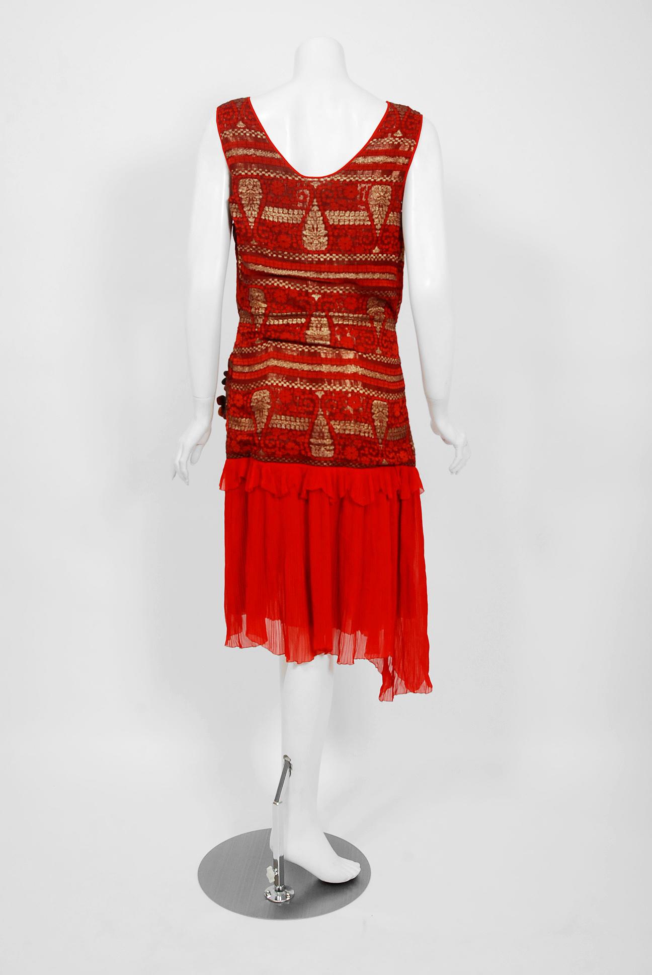 Vintage 1920's Red & Metallic Gold Deco Print Lamé Pleated Chiffon Flapper Dress 1