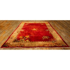 1920s Red Open Field 6Star Room Size Antique Chinese Knotted Wool Art Deco Rug