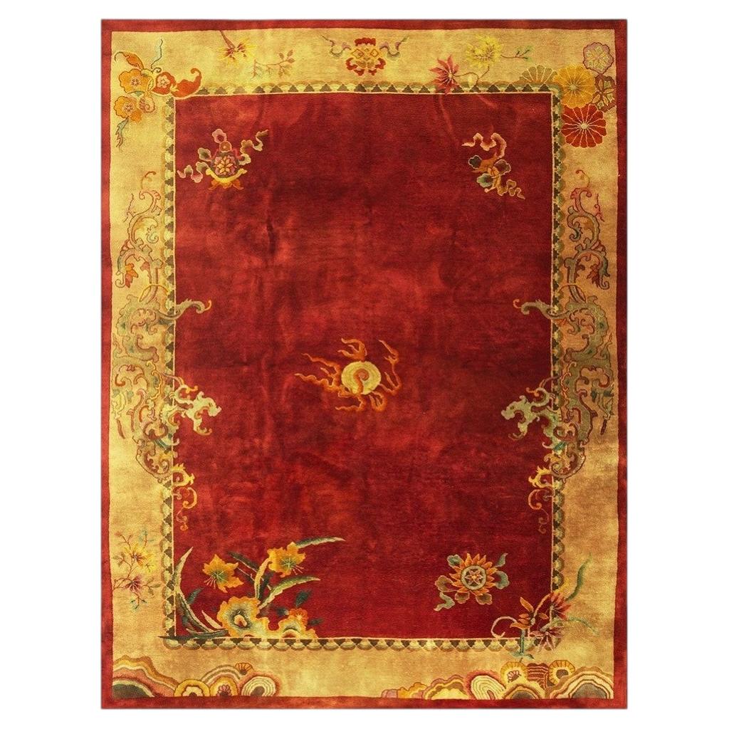 1920s Red Open Field 6Star Room Size Antique Chinese Knotted Wool Art Deco Rug