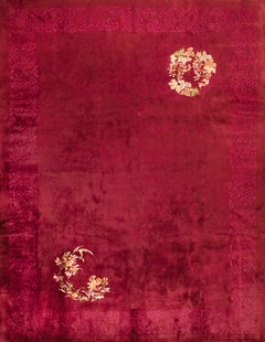 1920s Red Open Field Floral Antique Chinese Art Deco Rug 9'x11'7" Carpet