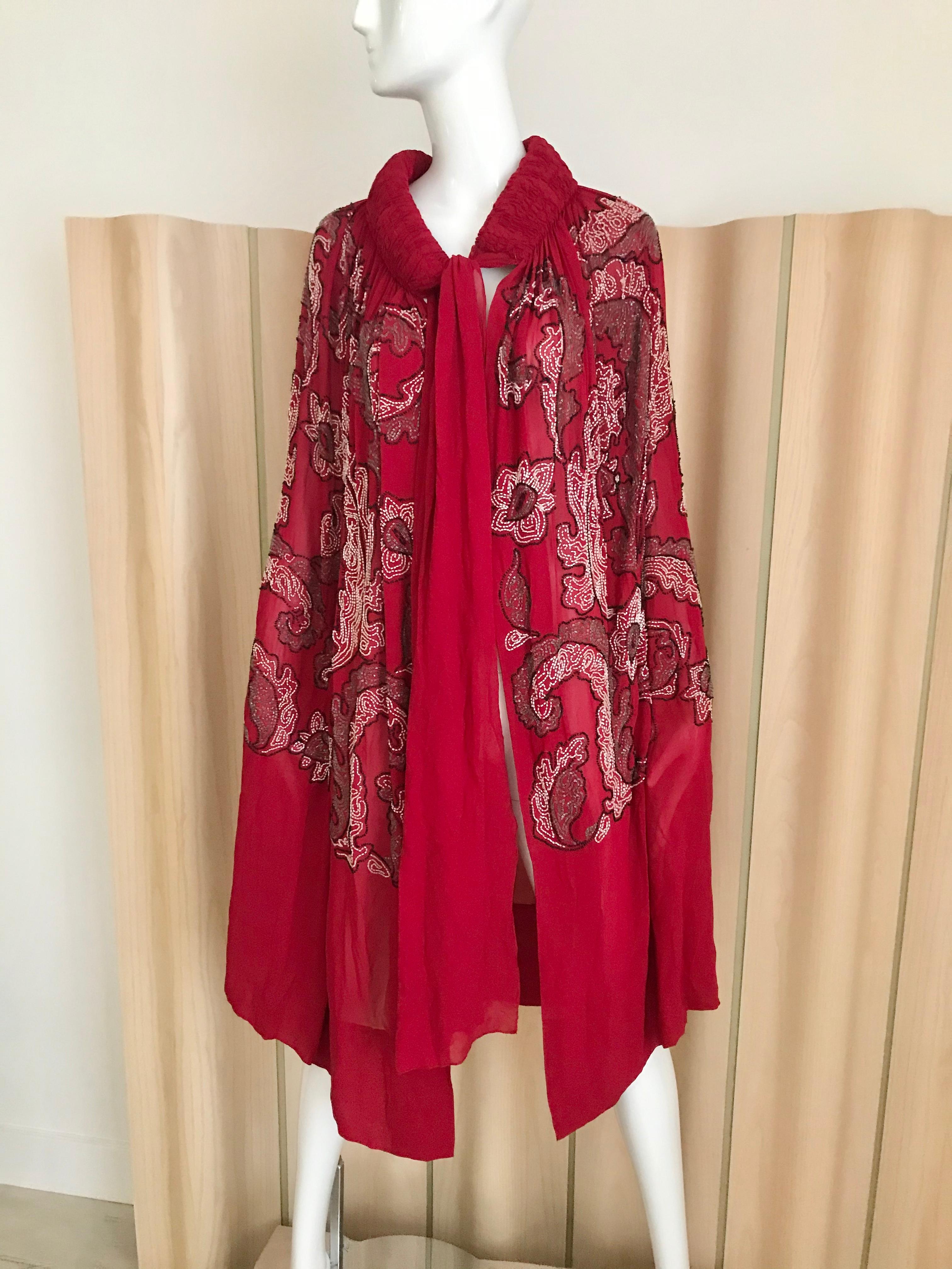 1920S Red Silk Beaded Cape made in France 7