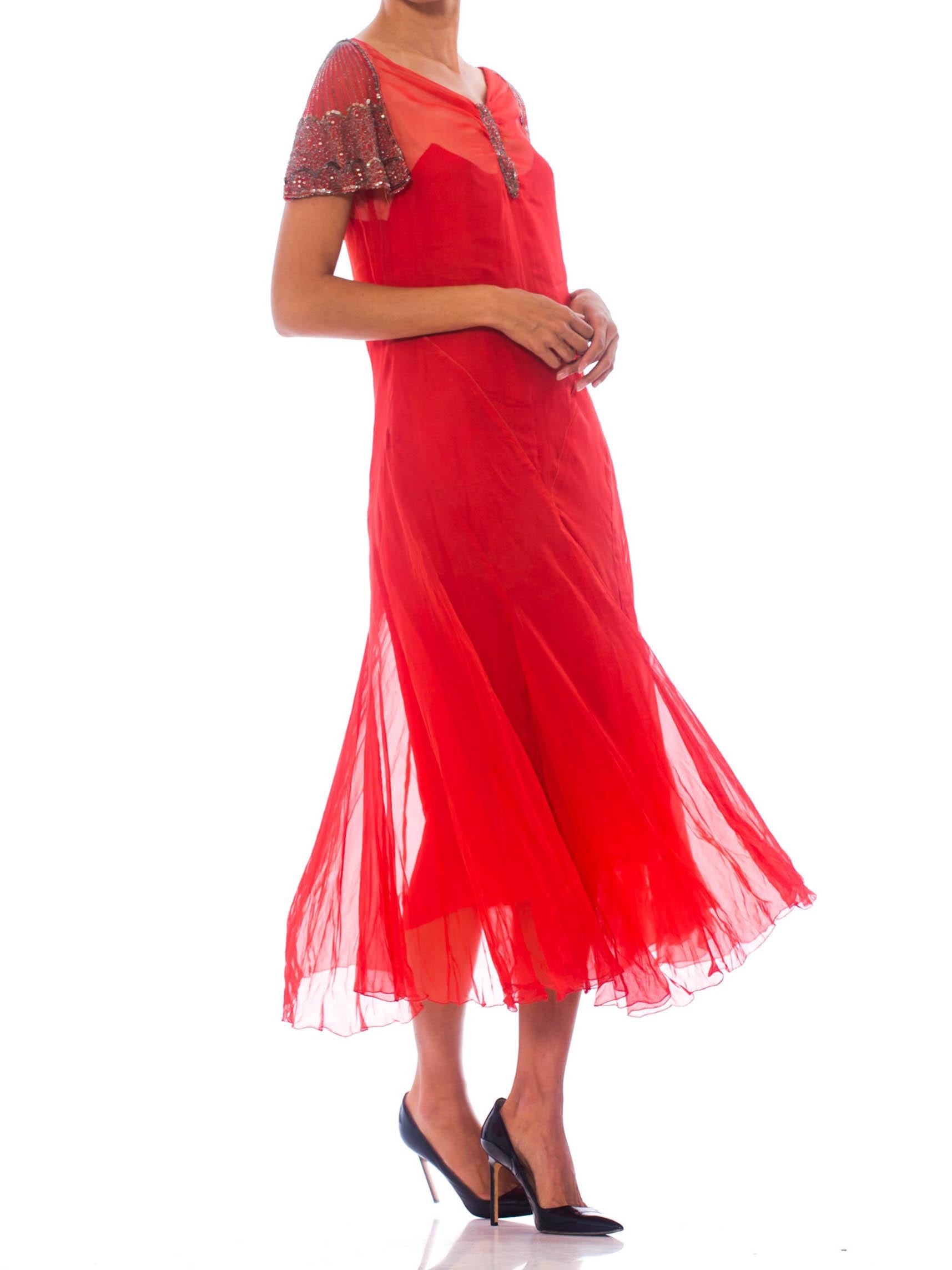 1920S Red Silk Chiffon Silver Beaded  Cocktail Dress With Original Lining 4