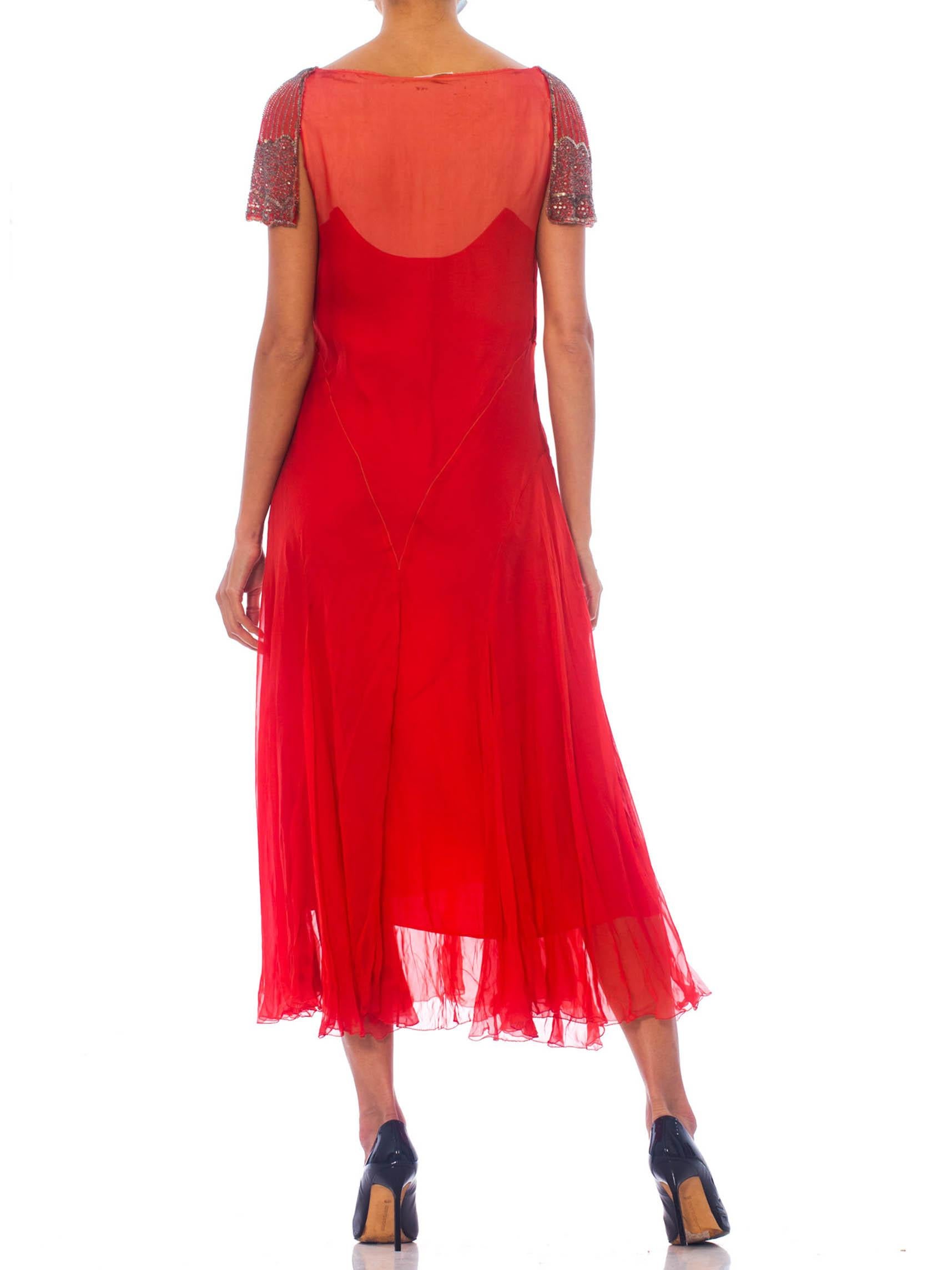 1920S Red Silk Chiffon Silver Beaded  Cocktail Dress With Original Lining In Excellent Condition In New York, NY