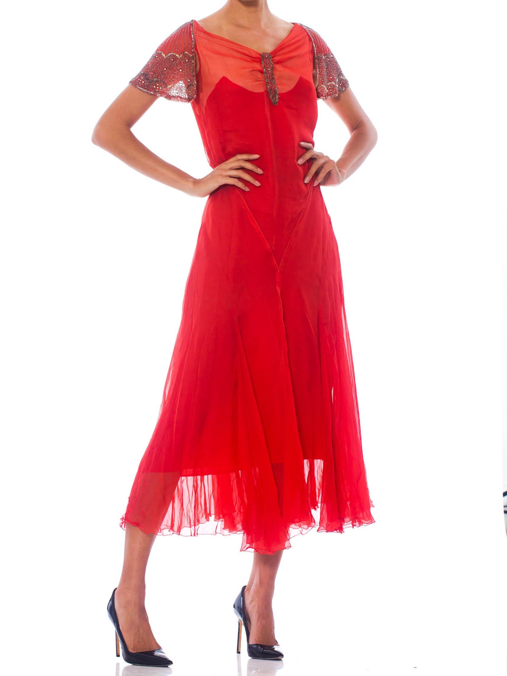 Women's 1920S Red Silk Chiffon Silver Beaded  Cocktail Dress With Original Lining