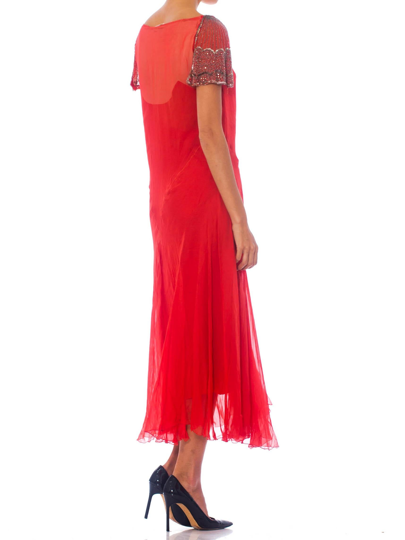 1920S Red Silk Chiffon Silver Beaded  Cocktail Dress With Original Lining 2